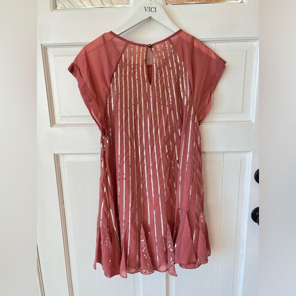 NWT Free People Mint Julep Pink Coral Sequin Sleeved Mini Dress - Picture 4 of 6